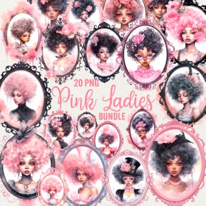 Clipart di donne eleganti rosa, clipart di ragazza principessa con capelli afro ad acquerello, 20 PNG Ritratto di ragazza rosa di bella donna rococò, uso commerciale
