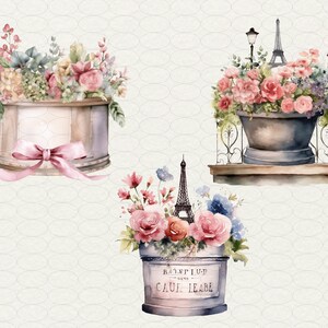 May include: Three watercolor illustrations of flower arrangements in different pots. The first pot is a wooden box with a pink ribbon. The second pot is a gray ceramic pot with a wrought iron balcony railing. The third pot is a gray metal pot with the text "KALEF LUD GENE CAUF LEABE".