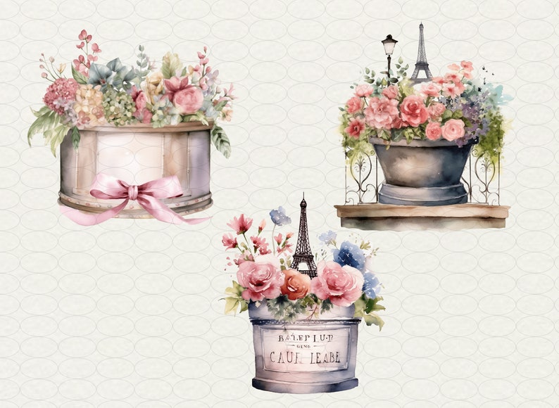 May include: Three watercolor illustrations of flower arrangements in different pots. The first pot is a wooden box with a pink ribbon. The second pot is a gray ceramic pot with a wrought iron balcony railing. The third pot is a gray metal pot with the text "KALEF LUD GENE CAUF LEABE".