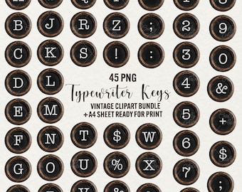 Vintage Typewriter Key clipart, 45 png printable typewriter keys, junk journal letters , alphabet scrapbooking elements commercial use