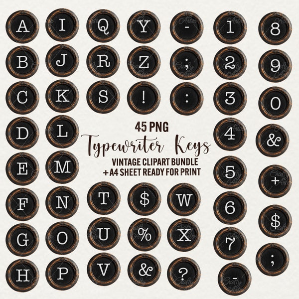 Vintage Typewriter Key clipart, 45 png printable typewriter keys, junk journal letters , alphabet scrapbooking elements commercial use