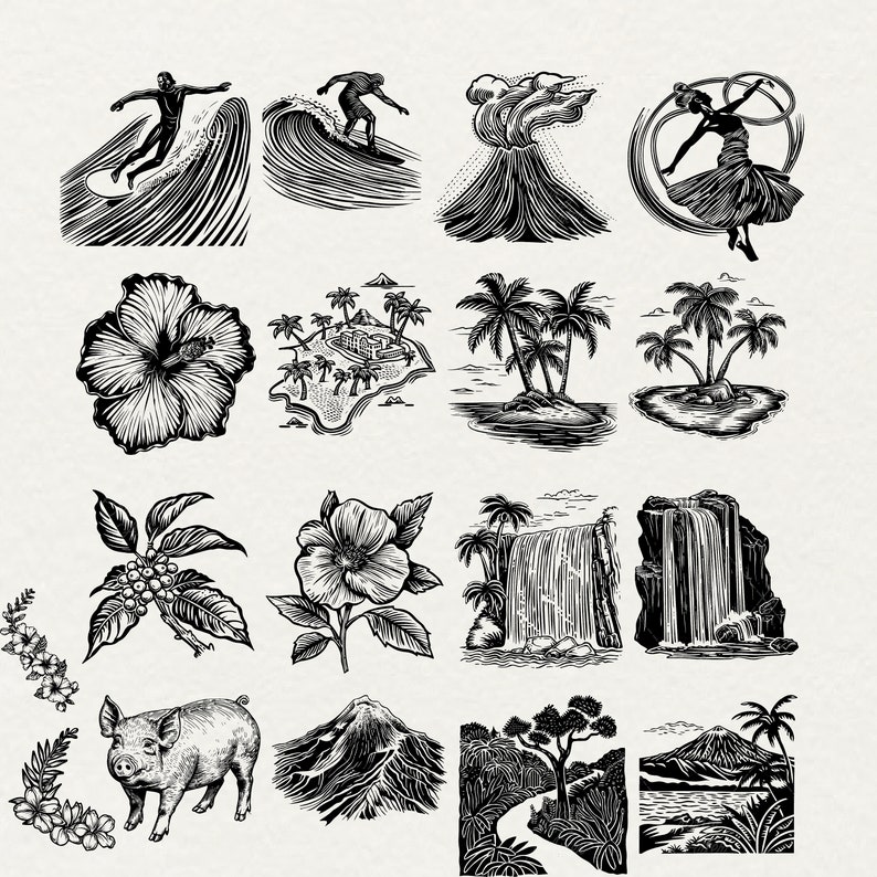 Hawaii svg bundle, hawaii png bundle, aloha svg hawaii shirt design, travel clipart beach cut files surfing vector, palm tree commercial use, hawaii quotes, hawaii flower png, dance clip art, silhouette volcano, island ocean svg, digital art