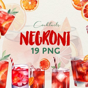 Negroni Italie cocktail Summer aquarelle cocktail avec orange, 19 cliparts, art numérique, téléchargement immédiat. Idées de boissons au menu.