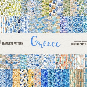 Griechenland Digital Papiere, nahtloser Sofort-Download, Santorini Digital Papier, 59 Aquarell Griechenland Muster Digital Papiere, kommerzielle Nutzung.