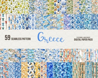 May include: A digital paper pack with 59 seamless patterns inspired by Greece. The patterns feature blue and white colors, with images of Greek architecture, olive branches, and vases. The pack includes 21 x 21 inch digital papers, perfect for crafting and design projects.