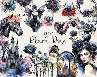 Watercolor Gothic Roses Clipart: Dark Fantasy PNG Bundle (47 Files)