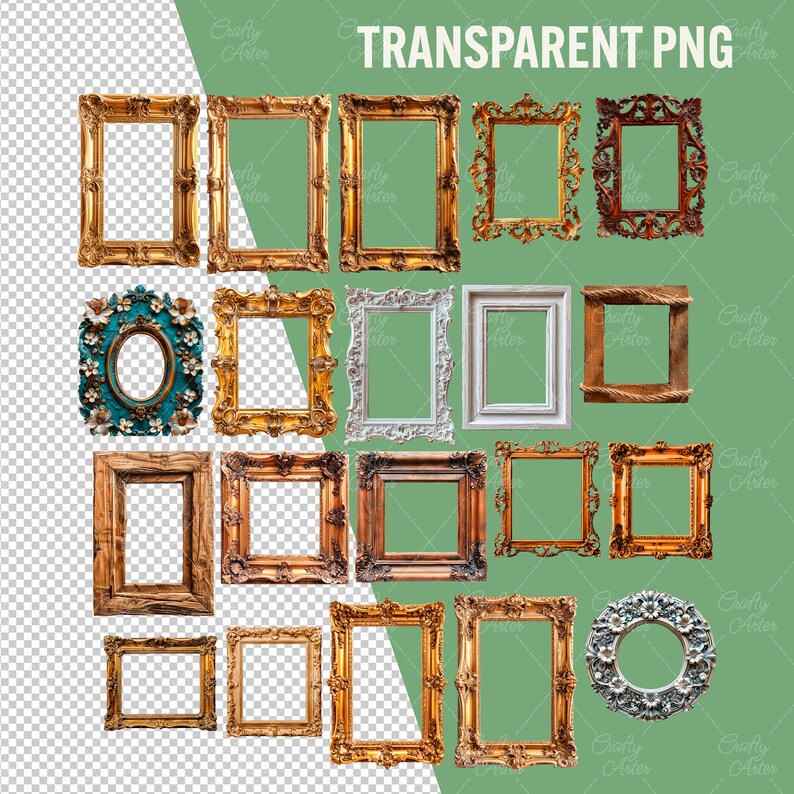 Wooden Frames Clipart, 37 png vintage ornate frames, antique wood frames, gold silver frame, digital scrapbook paper crafts, commercial use, Victorian Frame for Card Making Junk Journal, transparent background, rococo and baroque vintage
