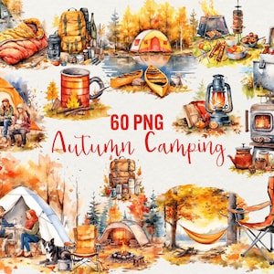 Clipart camping automne aquarelle, camp en plein air, feu de joie, sac à dos, tente, sublimation numérique imprimable camping Nature randonnée clipart