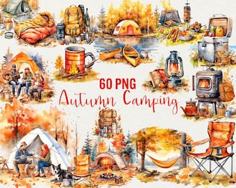Watercolor Autumn Camping Clipart: 60 PNG Graphics (Digital Download)