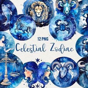 Clipart di segni zodiacali ad acquerello, 12 png Clipart di segni oroscopo, Zodiaco astrologico zodiaco celeste blu Illustrazione ad acquerello Uso commerciale