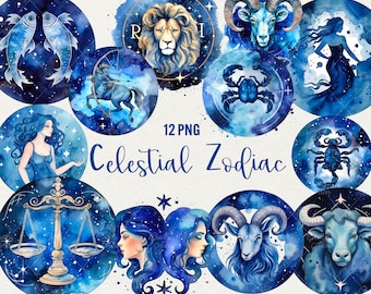 Puede incluir: Doce ilustraciones de acuarela de los signos del zodíaco. Cada signo está representado en un círculo azul con estrellas y un fondo blanco. Los signos son: Aries, Tauro, Géminis, Cáncer, Leo, Virgo, Libra, Escorpio, Sagitario, Capricornio, Acuario y Piscis.