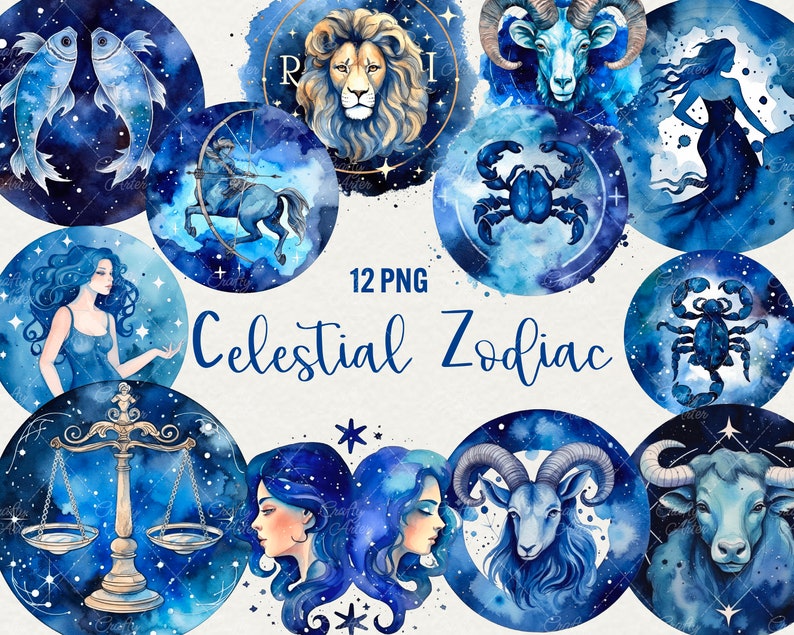 Watercolor Zodiacs clipart, 12 png Horoscope clipart Signs, Astrological zodiac blue celestial zodiac Watercolor illustration Commercial Use