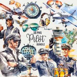 Pacote de clipart de piloto em aquarela, 38 clipart de mosca PNG, clipart de óculos de sol, clipart de asas, jato de avião, download instantâneo para uso comercial.