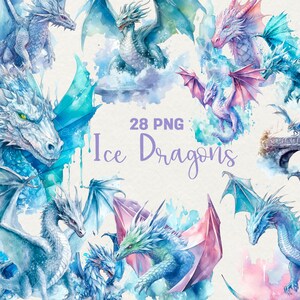 Ice Dragon Clipart, 28 PNG Watercolor Dragons, Fantasy dragon Illustration Bundle Clipart Illustrations Set Instant Download, Commercial Use