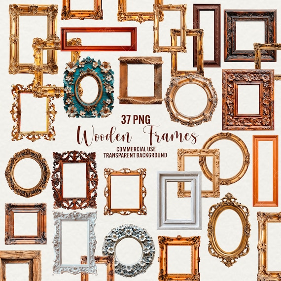 Vintage Ornate Wooden Frames Clipart: Gold & Silver (37 PNG)