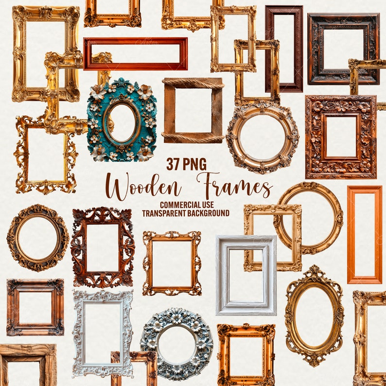 Wooden Frames Clipart, 37 png vintage ornate frames, antique wood frames, gold silver frame, digital scrapbook paper crafts, commercial use, Victorian Frame for Card Making Junk Journal, transparent background, rococo and baroque vintage