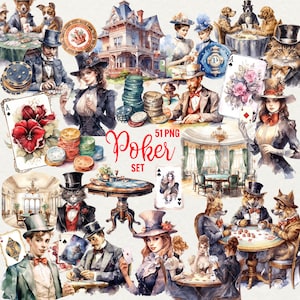 Clipart di poker, clipart di casinò ad acquerello, 51 carte da gioco vittoriane PNG, clipart di fiches da poker per gioco d'azzardo, download immediato, uso commerciale.