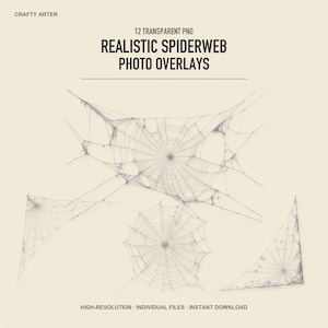 May include: A digital collection of 12 transparent PNG realistic spiderweb photo overlays. The text reads CRAFTY ARTER, 12 TRANSPARENT PNG, REALISTIC SPIDERWEB PHOTO OVERLAYS, HIGH-RESOLUTION, INDIVIDUAL FILES, INSTANT DOWNLOAD. Four distinct web designs.
