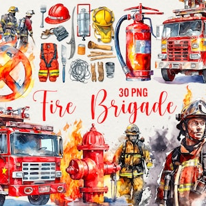 Watercolor Firefighters clipart  30 png - Firetruck clipart, extinguisher, gift for firemen, fire engine, Fire brigade, Commercial Use