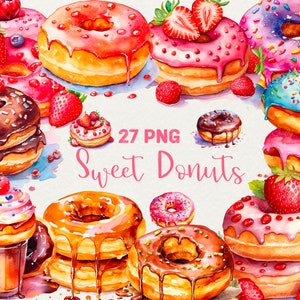 Watercolor donut clipart 27 PNG, delicious bakery dessert clipart donuts bakery scrapbooking strawberry donut chocolate Commercial Use