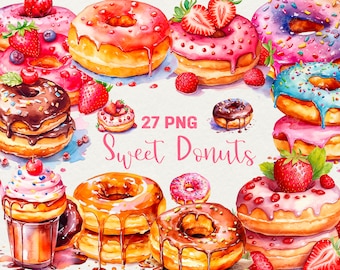 Clipart Donut aquarelle : 27 images PNG pour desserts de boulangerie (usage commercial)