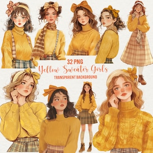 Watercolor Cozy Girls clipart, 32 png sweater girls, yellow sweater, autumn girls, fashion girl, pretty girl transparent png, commercial use
