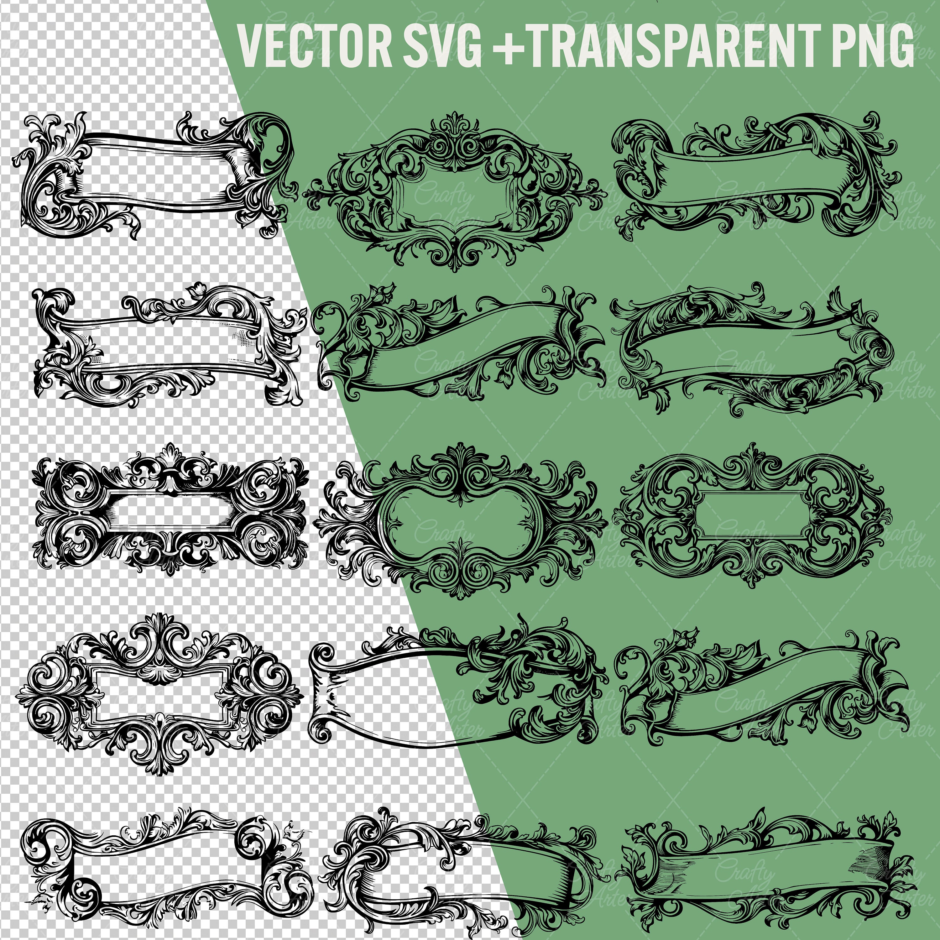 Paquete de imágenes prediseñadas de pancartas vintage: marcos ornamentados,  diseños de pergaminos y cintas (SVG, PNG) - Etsy México, image size:3000x3000