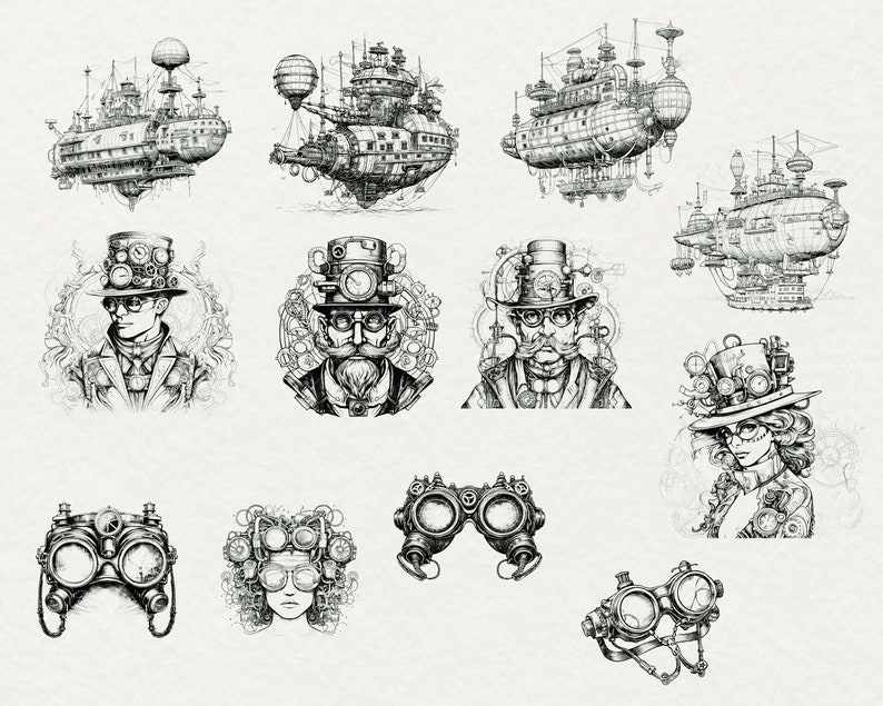 May include: A collection of black and white illustrations featuring steampunk-inspired airships, goggles, and characters. The illustrations are detailed and intricate, with gears, pipes, and other mechanical elements.