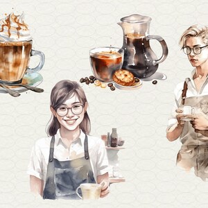 May include: A watercolour illustration of three people working in a coffee shop. Two people are wearing aprons and holding mugs of coffee. The third person is holding a coffee pot. There are coffee beans and a pastry on the counter.