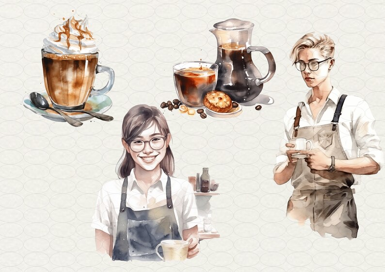 May include: A watercolour illustration of three people working in a coffee shop. Two people are wearing aprons and holding mugs of coffee. The third person is holding a coffee pot. There are coffee beans and a pastry on the counter.
