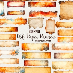 Clipart carta vintage acquerello, bundle di 30 PNG Carta artigianale acquerello vintage, Scrapbook vecchia carta bordo strappato Junk Journal, Uso commerciale