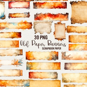 Watercolor Vintage Paper Clipart, 30 PNG bundle Watercolor Vintage paper craft, Scrapbook old paper torn edge Junk Journal, Commercial use