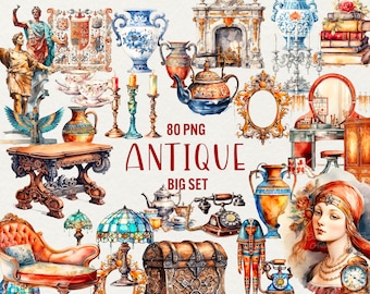 Watercolor Antique Clipart: Victorian & Baroque Graphics (80 PNG)