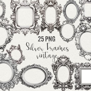 Silber Vintage Rahmen Clipart-Set, Silber Ornament Rahmen Bundle 25 png, Vintage ästhetische Rahmen Clipart, kommerzielle Nutzung.