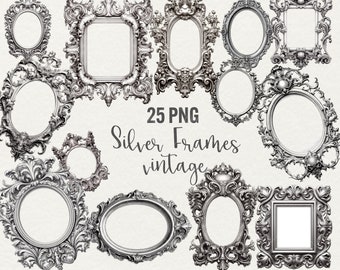 May include: Set of 25 silver vintage frames in various shapes and sizes. The frames are ornate and detailed, with a distressed finish.  25 PNG Silver Frames vintage