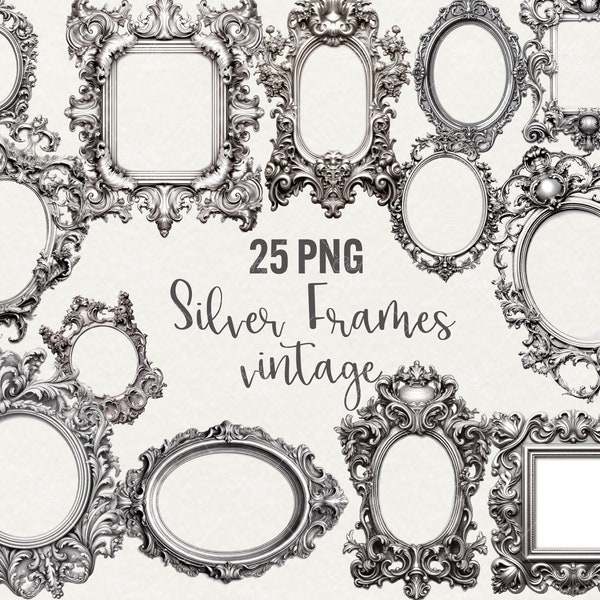 Silver vintage Frames Clipart set, Silver Ornament Frame bundle 25 png, vintage aesthetic Ornate Frame clipart, Commercial Use.