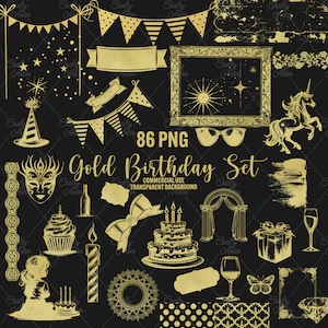 Clipart anniversaire or, joyeux anniversaire 86 png, décoration de fête en or, cadres et bannières dorés, éléments numériques de célébration, usage commercial