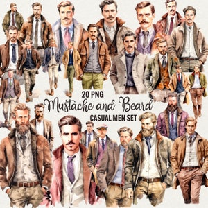 Clipart uomo casual, bundle di 20 PNG, grafica acquerello di uomini di vecchia data, uomini con baffi e barba, clip art uomo della settimana della moda, uso commerciale