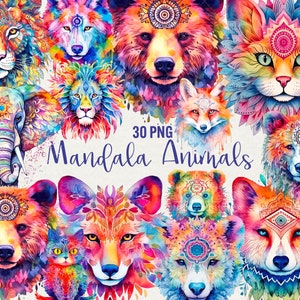 Clipart di animali mandala ad acquerello, 30 clipart di mandala png, clipart di animali, elefante, leone, tigre e altro ancora. Mandala colorati per uso commerciale