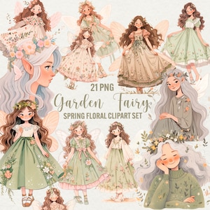 Imágenes prediseñadas de hadas de jardín de acuarela, 21 hadas florales de primavera png, chicas lindas de fantasía, magia del bosque png, ilustración de imágenes prediseñadas, uso comercial
