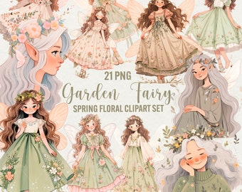Watercolor Garden Fairy Clipart: Spring Floral Girls (21 PNG)