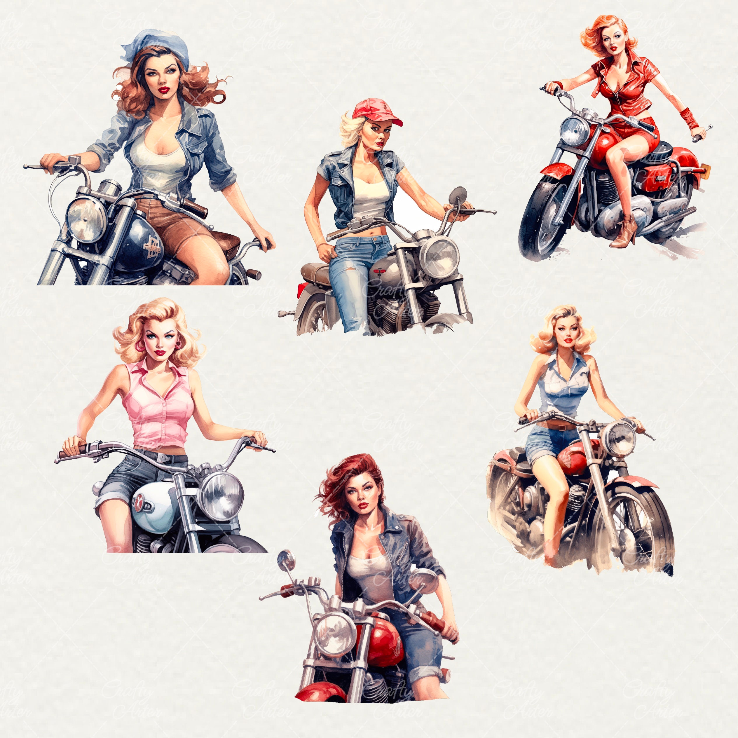 Watercolor Biker Girls Clipart: 18 PNG Moto Girl Art (commercial
