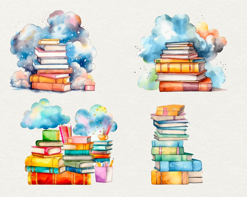 Watercolor School Books Clipart, Back To School books Clipart, Watercolor books School, 13 PNG Kids Books Clipart Digital Commercial Use