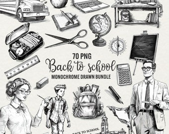 Black and White School Clipart: Line Drawn PNG Bundle (Commercial Use)