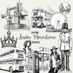 London Clipart bundle, 24 png Black and white drawn London illustration sketch city bus London tower bridge, telephone box, Commercial use