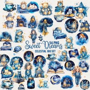 Paquete de imágenes prediseñadas de la noche de dulces sueños celestiales, 54 gráficos artísticos PNG, gráficos mágicos de fantasía, acuarela, arte digital instantáneo, uso comercial