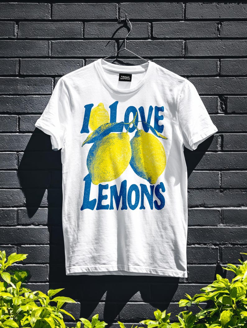I Love Lemons t-shirt design featuring three hand-drawn yellow lemons with blue shading and bold retro blue text that says “I LOVE LEMONS.” A vibrant summer fruit graphic perfect for sublimation, printable t-shirts, summer merch, lemon-themed gifts, or wall art. Includes high-resolution PNG and PDF files for instant download. Ideal for fruit lovers, bold fashion, and sunny summer apparel.