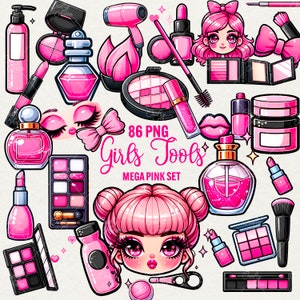 Aquarelle beauté Clipart, 86 PNG Éléments de maquillage aquarelle et graphiques de beauté, pinceau, stick lèvres maquillage fille style chibi, usage commercial