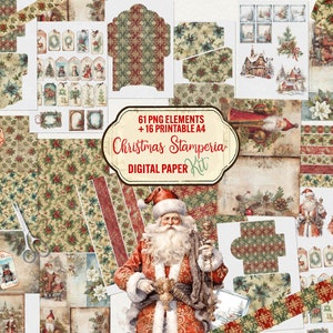 Digital Christmas kit, 61 Elements, 16 A4 pages Digital Christmas Paper Santa art Scrapbook kit, Junk Journal kit, Commercial Use