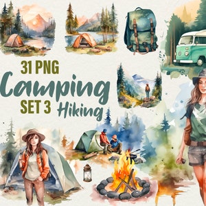 Conjunto de imágenes prediseñadas de camping en acuarela, campamento al aire libre, fogata, mochila, tienda de campaña, ilustración imprimible por sublimación, camping, naturaleza, mujer, senderismo.